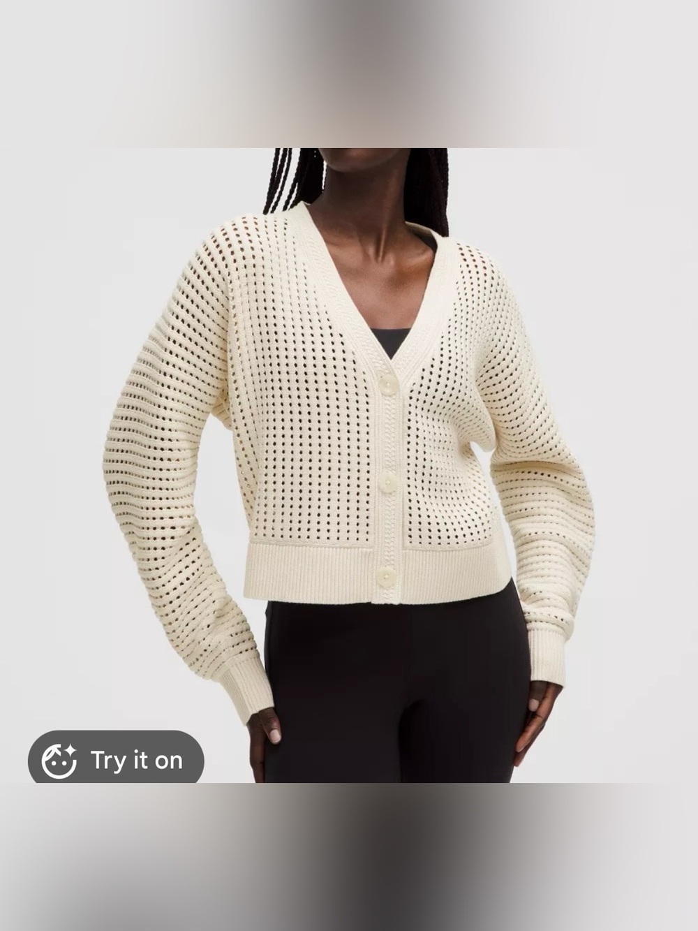 Lululemon Cream Open-Knit V-Neck Button Cardigan